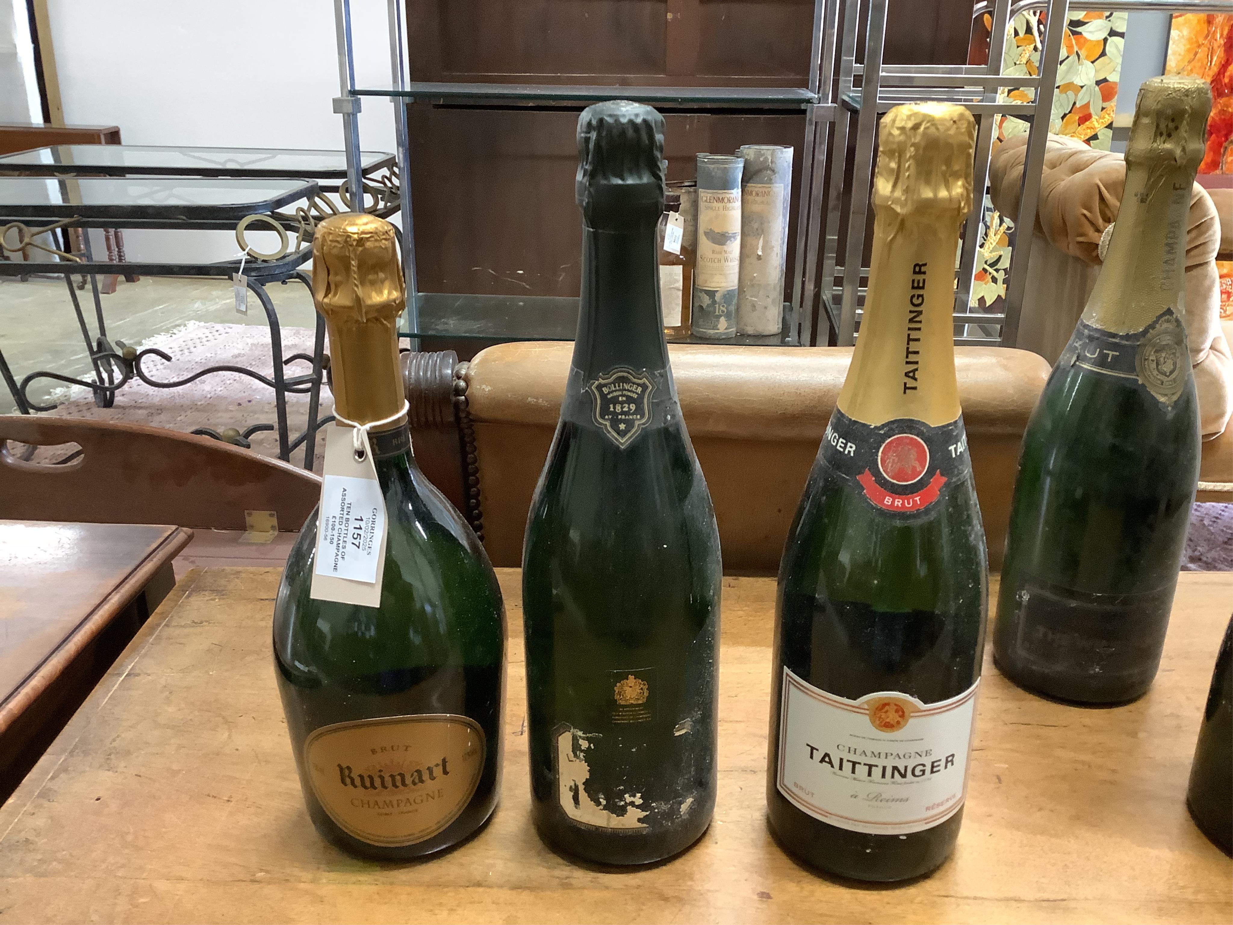 Ten bottles of assorted champagne to include Krug, Taittinger, Laurent-Perrier and Moët. (From a local private cellar). Condition - some labels degraded